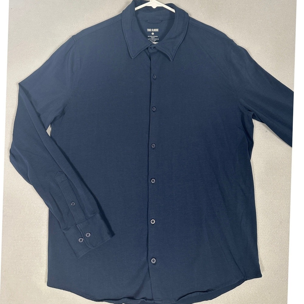 True Classic Shirt Mens Large Dark Navy Casual Button Up Stretch Long Sleeve